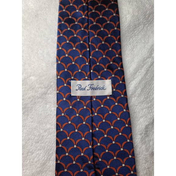 Paul Frederick blue orange scale print Italian silk tie - Picture 3 of 6